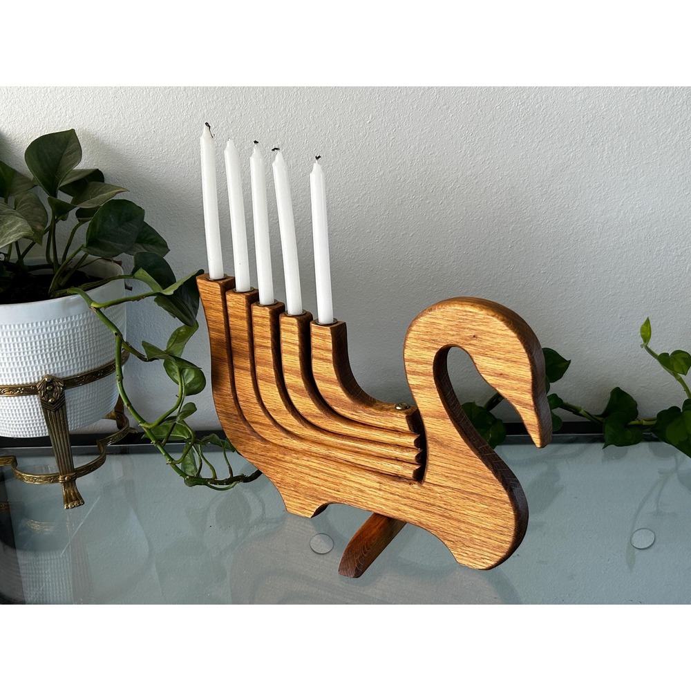 Vintage MCM Scandinavian Folding Wooden Swan Candelabra